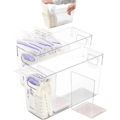 Breastmilk Storage Container with L Shaped Separator Boards, Dividers Will Flatten Standing Breast Milk Bags in Organizer Bins to Save Refrigerator Space | 2 Containers Plus 4 Pink Boards in Total.