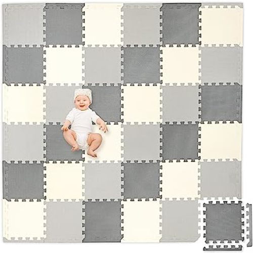 Play Platoon Non-Toxic Foam Puzzle Floor Mat, Comfortable, Extra Thick, Cushiony Play Mat for Toddlers, Kids & Adults, 36 Tiles (12"x12"), Square, Grey/Cream/Charcoal