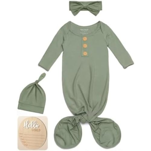 Baby Noah Newborn Knotted Gown, Ultra-Soft Silky Long Sleeve Sleeper, Unisex Coming Home Outfit Set With Wooden Name Sign