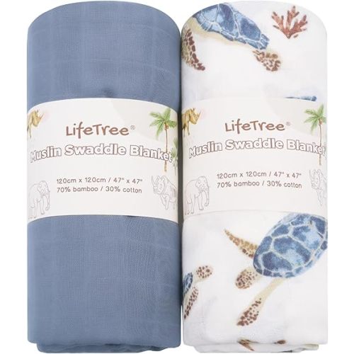 LifeTree Muslin Swaddle Blankets Neutral, Baby Swaddling Wrap Nursery Receiving Blanket for Boys & Girls, Soft 70% Viscose from Bamboo and 30% Cotton, Large 47 x 47 inches, Sea Turtle & Solid Colors