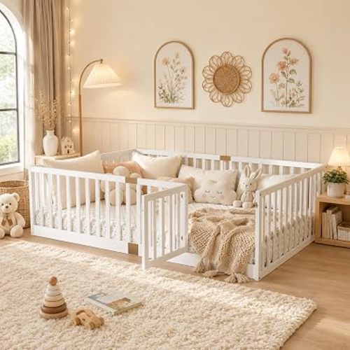 Full Montessori Floor Bed with High Rails, Door & Slats for Kids, White