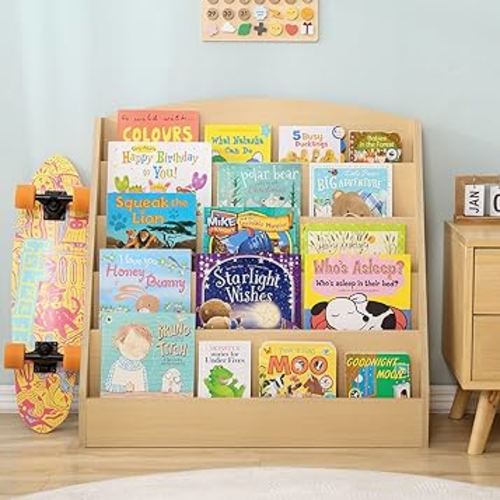 TOETOL Kids Bookshelf Toddler Bookshelf for Rooms White Book Display Shelve for Classroom, Kids Bedroom, Nursery-5-Tier (Natural)