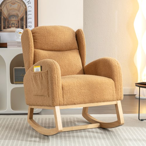 Muumblus Wingback Glider Rocking Chair for Baby Nursery, Wood Legs, Khaki Teddy