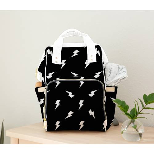 Lightening Bolt Diaper Bag Backpack, Black and White Diaper Bag