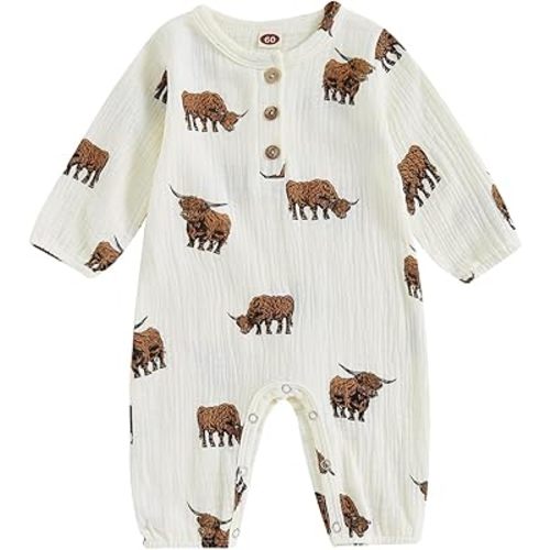 Western Baby Boys Fall Clothes Long Sleeve Bull Print Cotton Linen Jumpsuit Romper Infant Cowboy One Piece Outfit