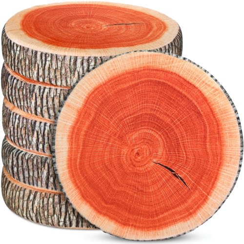 6pcs Round Throw Pillow Wood Slice Chair Pillow Decorative Wood Sofa Pillow Tree Stump Floor Cushion Natural Wood Cushion Pillow 3D Digital Printing Forest Decor For Bedroom Living Room