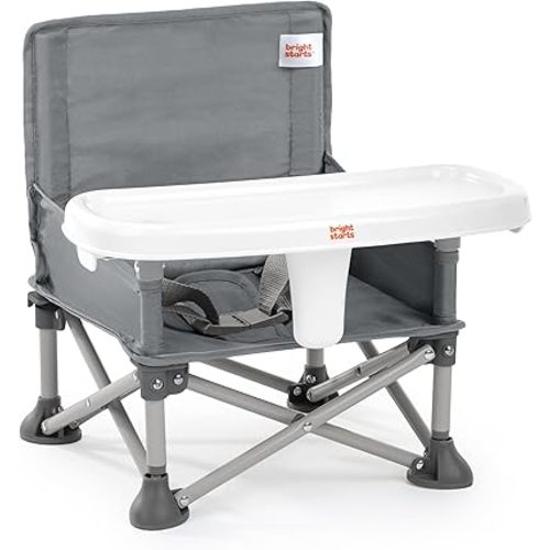 Bright Starts Pop 'N Sit Portable Booster, Indoor/Outdoor Use, Floor Seat with Feeding Tray, Grey, 6 Mos - 3 Yrs