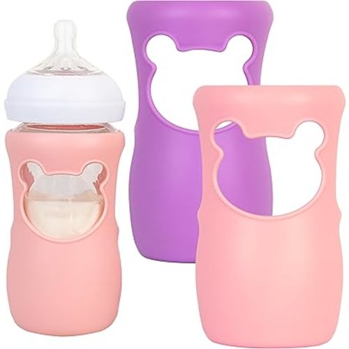 Silicone Baby Bottle Sleeves for Philips Avent Bottles, Anti Breakage Baby Bottle Holder for Avent Natural Glass Baby Bottles, Compatible with Avent Baby Bottle, 8oz, Pack of 2 (Pink and Purple)