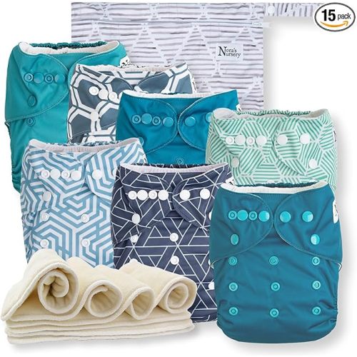 Nora's Nursery Cloth Diapers 7 Pack with 7 Inserts & 1 Wet Bag - Waterproof Cover,Washable, Reusable & One Size Adjustable Pocket Diapers for Newborns and Toddlers-Dimensional Blues