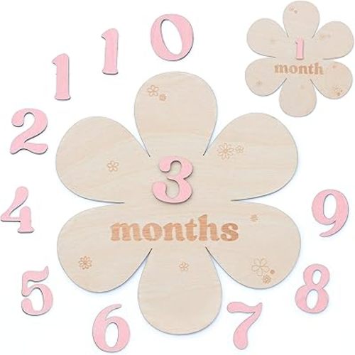 Baby Monthly Milestone Cards - Wooden Monthly Milestone Discs - Newborn Photography Props to Document Your Baby´s Growth - Baby Announcement Sign (Peta Flower)