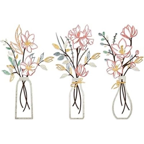 ARTINME 3 Pieces Metal Flowers Wall Arts - Pink and Beige Rustic Farmhouse Decor Minimalist Flower Wall Decors for Living room Bathroom Kitchen Bedroom Dining Room - Housewarming Gifts