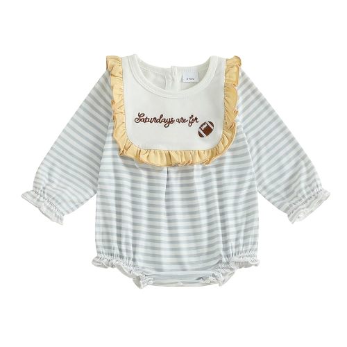 Baby Girl Saturdays are for Football Embroidery Bubble Romper Ruffle Stripe Long Sleeve Bodysuit Game Day Fall Outfit