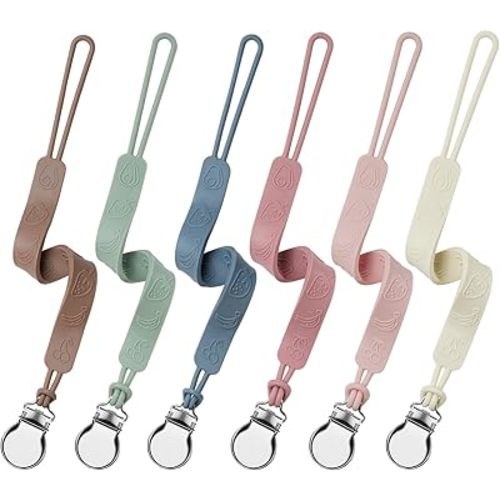 6 Pack Silicone Pacifier Clip, Seposeve Baby Pacifier Teether Clip with 4 Texture, Soft Flexible Silicone Pacifier Leashes & Cases for Boy and Girl, Keeps Pacifier Clean, 6 Colors