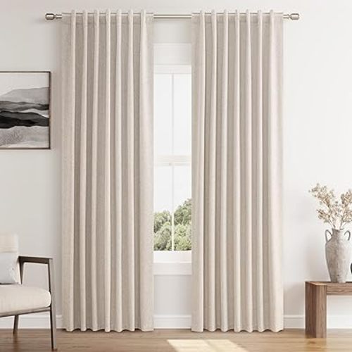 Guken Oatmeal Linen Blackout Curtains 80 Inch Length 2 Panels Set for Living Room Bedroom Back Tab Thermal Insulated 100% Black Out Linen Drapes Room Darkening Window Curtains 80 Inches Long