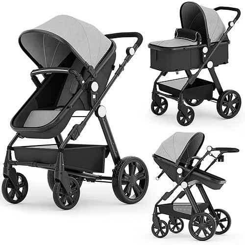Newborn Infant Baby Bassinet Stroller - Sleeping & Sitting Mode 2 in 1 All Terrain High Landscape Shock Absorption Sunshade Comfortable Baby Toddler Strollers for 0-36 Months Old Babies Gray