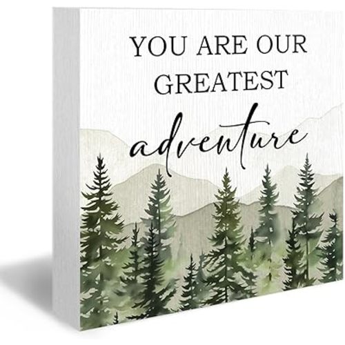 You Are Our Greatest Adventure Wooden Box Sign, Baby Boy Nursery Decor, Forest Mountain Adventure Desk Shelf Decor, Inspirational Block Sign Decor for Boy Toddlers Bedroom Table Desk Shelf