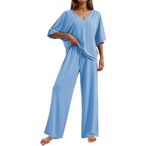 Ekouaer Pajama Sets for Women 2 Piece Lounge Set Short Sleeve Tops and Long Pants Soft Comfy Pjs Sleepwear Outfits S-XXL