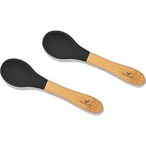 Avanchy Baby Spoons Bamboo and Silicone Set, Self Feeding Food Utensils, 4 Months Baby Led Weaning, 2 Pack Black