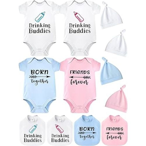 4 Set Baby Boy Girl Twins Bodysuits Set Twins Matching Outfits Includes 4 Pcs Newborn Baby Romper 4 Pack Bibs and Hat for Boy Girl Gifts