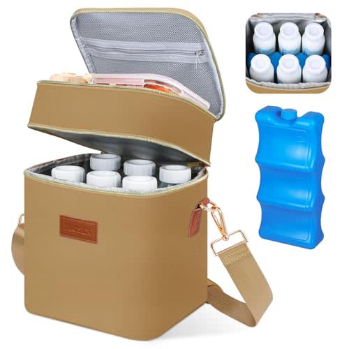 PIIOSER Breastmilk Cooler Bag with Ice Pack Fits 6 Baby Bottles Up to 9 Ounce, Insulated Baby Bottle Tote Bags, Double Layer Waterproof Leak-Proof with Shoulder Strap for Nursing & Working Mom (Brown)