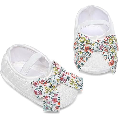 Newborn Baby Girl Dress Shoes Infant PRE-Walking Mary Jane with Bowknot Floral Lightweight Anti-Slip Princess Flat