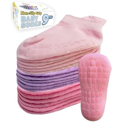 Non-Slip Toddler Ankle Socks - Safety Grips, Breathable Cotton, for Ages 0-7 Baby Girls & Boys, 9 Pairs