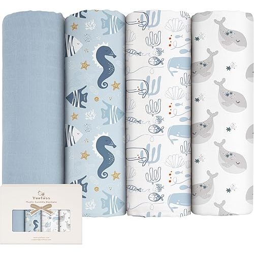 Yoofoss Muslin Swaddle Blankets, 4-Pack Receiving Blankets for Baby Boys and Girls, 47 x 47 Inches Baby Blankets Neutral Swaddle Wrap 70% Rayon from Bamboo and 30% Cotton