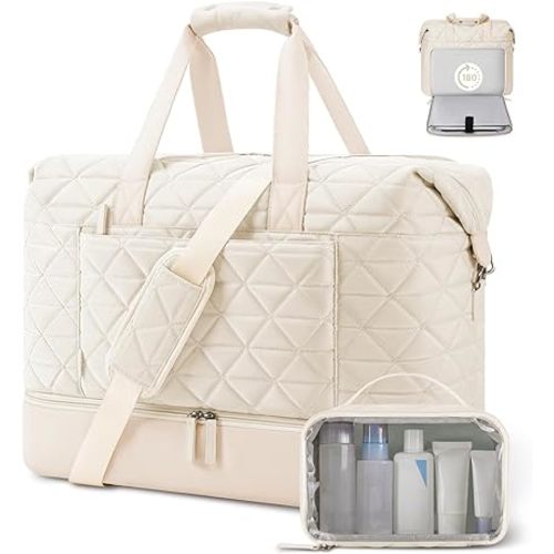 ETRONIK Weekender Bag for Women with 17 inch Laptop Compartment, 44L Travel Duffle Bag with Shoe Compartment & Wet Pocket, Carry on Overnight Bag with Toiletry Bag for Travel, Hospital, Sports, Beige