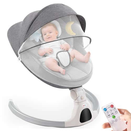 Jaoul Baby Swing for Infants - Electric Portable Newborn Bouncer With Bluetooth Touch Screen/Remote Control, Timing Function, 5 Speeds, 3 Seat Positions for Boys and Girls (Gray)