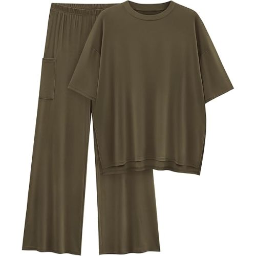 KIRUNDO Womens 2 Piece Outfits 2025 Summer Casual Loose Short Sleeve Pullover Tops & Wide Leg Pants Lounge Sets Tracksuit