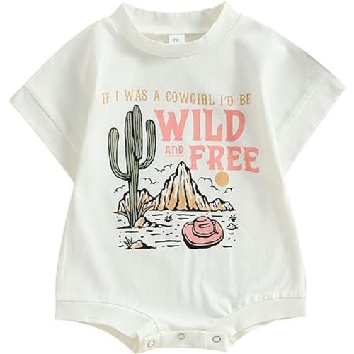 Infant Baby Girls Bubble Romper Western Cowgirl Outfit Cactus Print Short Sleeve Jumpsuits Oversized T-Shirt Clothes