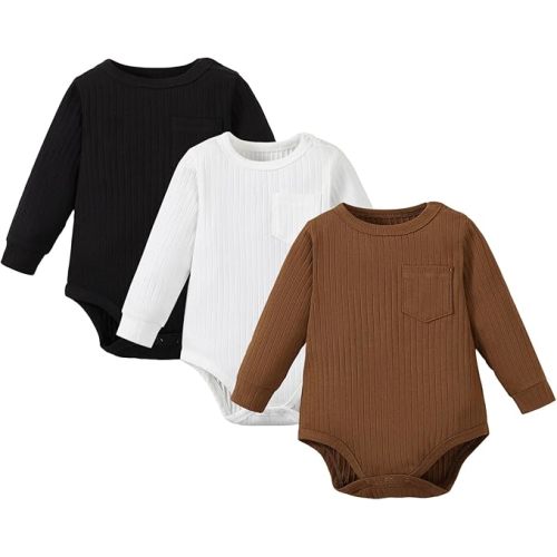 ROMPERINBOX Newborn Onsies Boy 3 Pack Rib Knit Baby Bodysuit Solid Color with Pocket Long Sleeve for Unisex