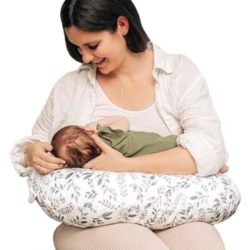 Boppy Nursing Pillow Original Support, Gray Taupe Leaves, Ergonomic Nursing Essentials for Bottle and Breastfeeding, Firm Fiber Fill, with Removable Nursing Pillow Cover, Machine Washable