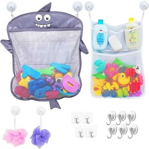 2 x Mesh Bath Toy Organizer + 6 Ultra Strong Hooks – The Perfect Bathtub Toy Holder & Bathroom or Shower Caddy – These Multi-use Net Bags Make Baby Bath Toy Storage Easy – For Kids & Toddlers