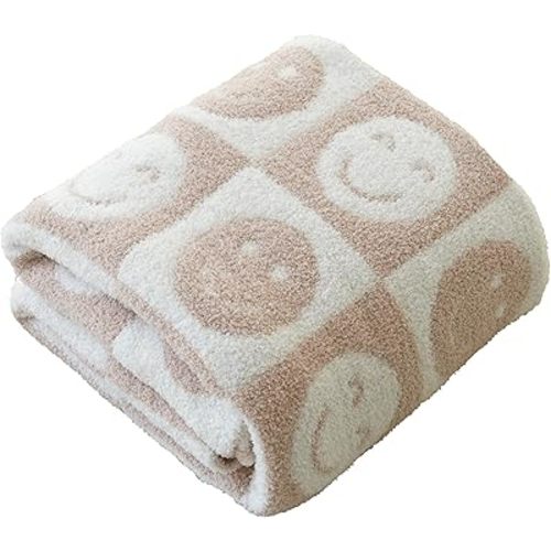 Ultra Soft Cozy Happy Smiling Face Checkered Knitted Throw Blanket Fluffy Microfiber Checkerboard Bed Blanket Lightweight Both Sides Blanket for Couch Sofa Bed (Smile Cream, Baby 30"x40")
