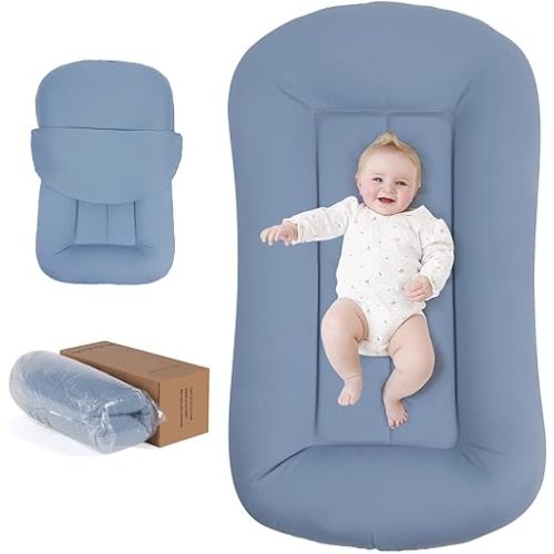 Ainiuke Baby Lounger for Newborn, 0-24 Months, Infant Lounger for Home and Travel, Machine-Washable & Soft Cotton, Including Cover(Navy Blue), Pallet of Product