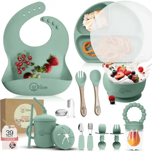 O'doe 17-Piece BPA-Free Silicone Baby Feeding Set | Thick & Soft Suction Plates, Baby Bowls, Wooden Fork & Spoon, and More | Make Mealtime Fun and Easy for Your Little One (Green, V2)