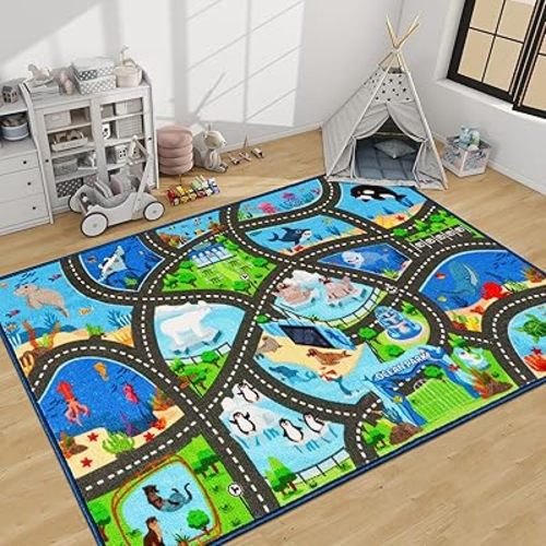 Kids Car Rug, 78.7" x 59", Multicolor, Cartoon Ocean Animal Play Mat, Non Slip, Washable, 3-8 Years