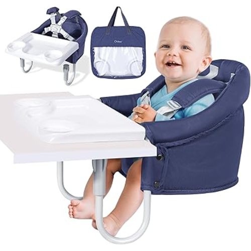Orzbow Hook On High Chair with Removable Dining Tray, Folding Portable High Chair with Storage Bags, Baby Table Booster Seat, Easy Clip on Table Feeding HighChair for Travel, Restaurant and Home, Blue