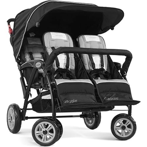 Gaggle by Foundations Compass Quad 4 Seat Stroller | 4-Seat Stroller for Daycare | 4-Seat Quad Stroller with Oversized UV Blocking Canopy | 5-Point Harness | Easy Loading | Storage Bucket | Black