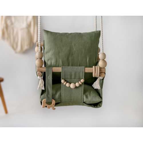 Green Outdoor Garden Baby Swing Schaukel Balançoire with playing beads Garden Swing, Gift For Baby, Wood Swing, Swing with pillow