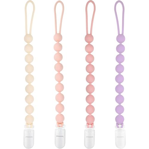 Pacifier Clips Baby Girl, 4 Pack One Piece Flexible Soft Binky Clips Silicone Pacifier Holder Clip for Girls, Baby Girl Newborn Essentials