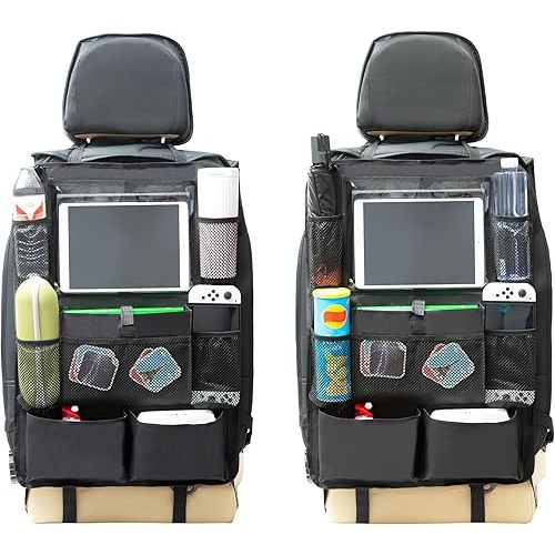 (2 PACK) Backseat Car Organizer, Car Kick Mats Back Seat Protector Car Organizers and Storage with 9 Pockets Car Accessories Interior for Bottles, Toys, Books, Tablets (2)