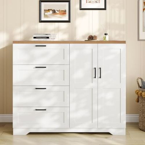 Garvee 43.3'' H Armoire Wardrobe Closet with 4 Drawers and 2 Doors, Hanging Rod, Multifunctional Wooden Dresser with Storage Closet