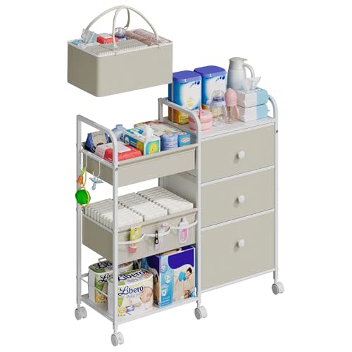 Cidaziya 2In1 Baby Diaper Caddy Organizers and Storage, 3-Tier Rolling Diaper Cart, Diaper Caddy Organizer with Dividers and Drawers, Mobile Utility Cart for Changing Table, Crib Nursery, Bedroom