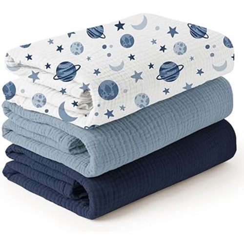 Konssy 3 Pack Muslin Swaddle Blankets for Unisex, Newborn Receiving Blanket, Large 47 x 47 inches, Soft Breathable Muslin Baby Swaddles for Boys & Girls