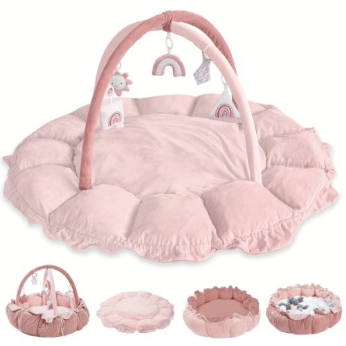 HAN-MM 5-in-1 Convertible Baby Play Gym with 6 Toys, Tummy Time Mat for Sensory Development, Baby Activity Center from Newborn to Toddler, Ball Pit, Cat & Dog Bed, Soft Plush Pet Bed, Pink