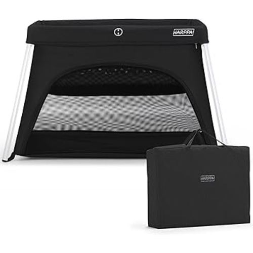 HARPPA Travel Crib with Comfy Mattress, Lightweight Portable Crib Requires No Assembly, Foldable Pack and Play for Baby and Toddlers, Compact Play Yard with Bed,Black