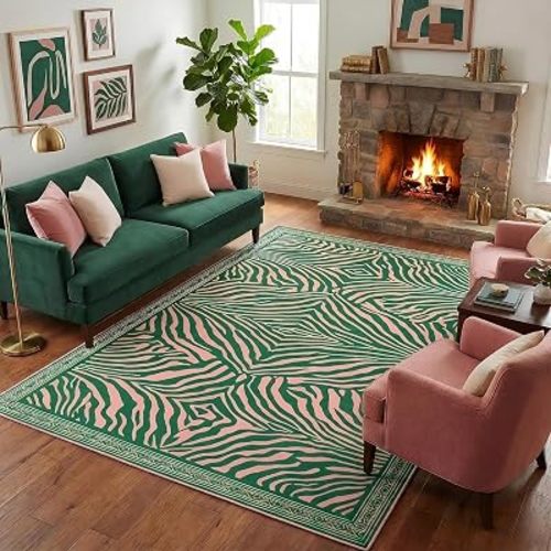 5x7 Pink and Green Funky Zebra Print Area Rug for Living Room