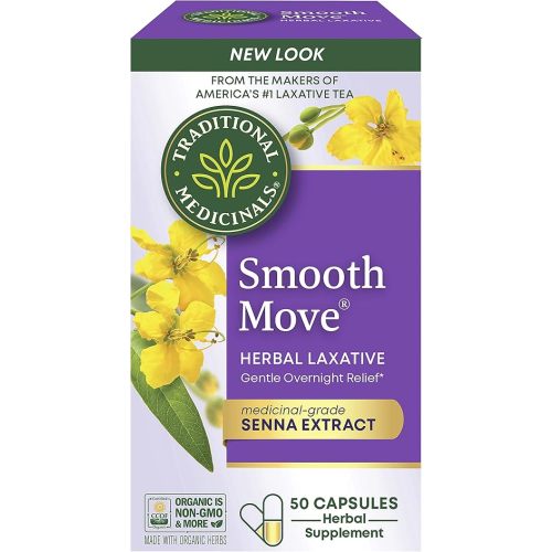 Traditional Medicinals - Smooth Move Laxative Capsules - Contains Organic Senna - Natural Herbal Constipation Relief - 50 Capsules (1 Pack)